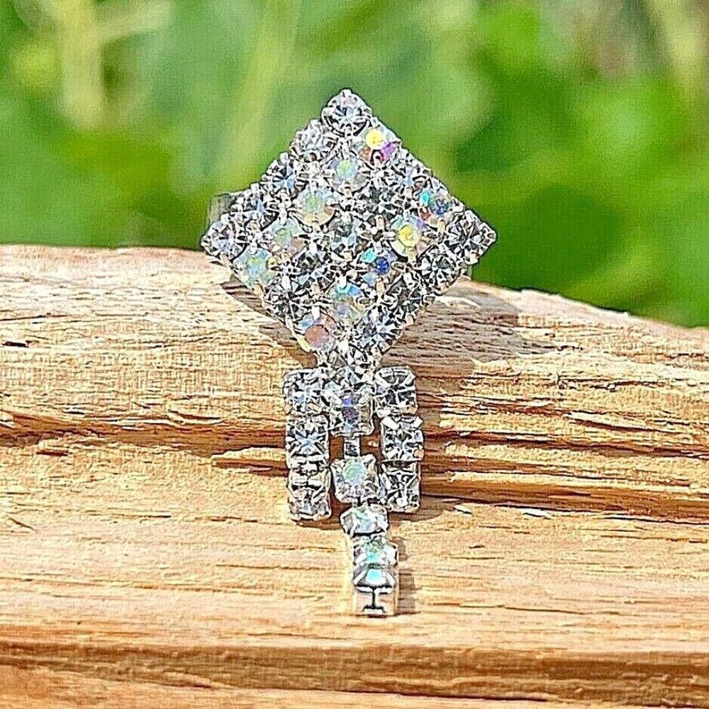 Diamond Kite Dangling Crystal Rhinestone Steel Ring - Size 7.75 - New